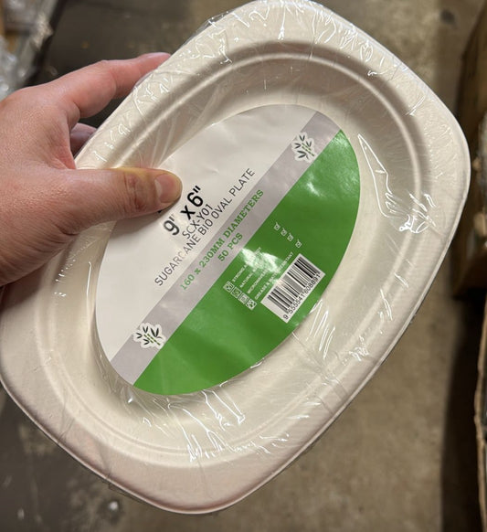 7" Small Oval Bio Plate Sugarcane(6"x9")500pcs(BPAS-Y01) (Carton)